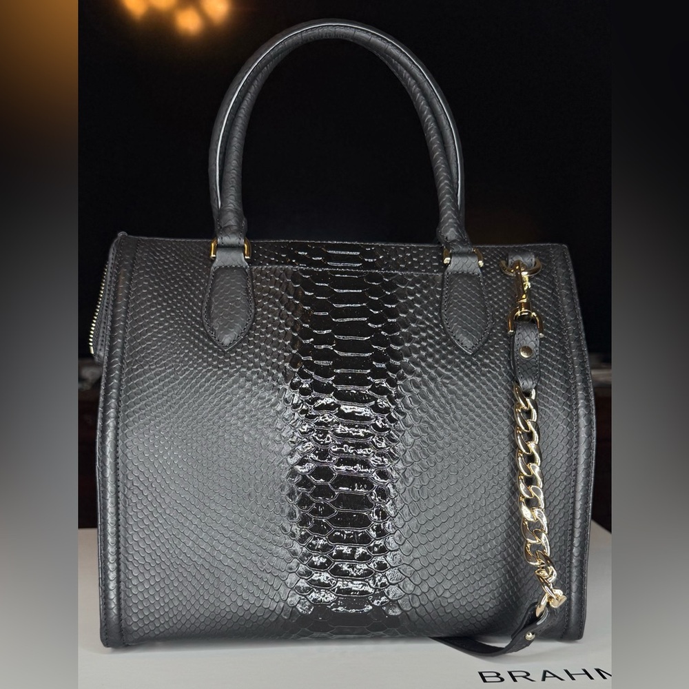 Elegant Brahmin Black Harkness Caroline Satchel with Gold Accents - Picture 2 of 12